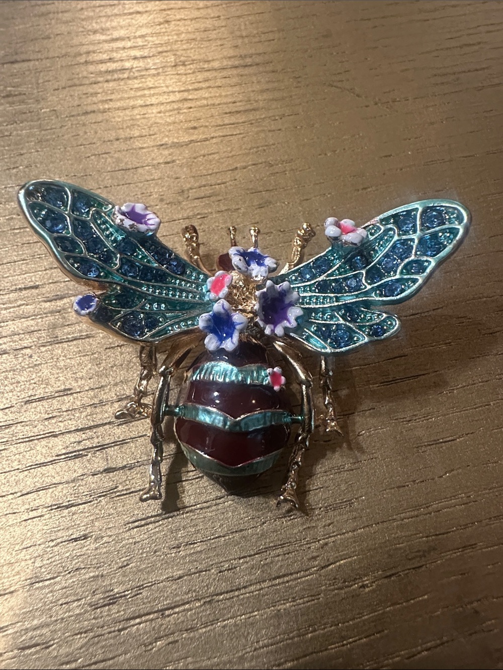 Ornamental Floral Bee Brooch in Teal and Burgundy